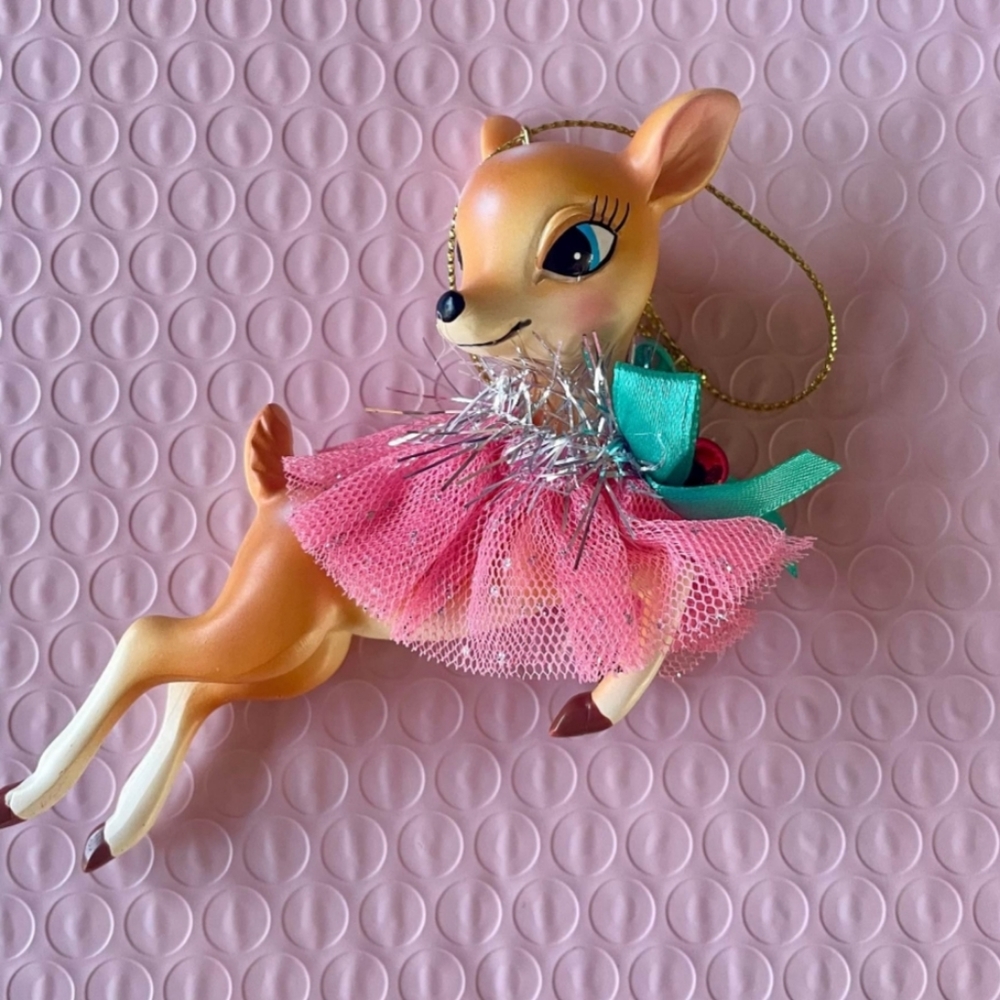 ❗MCM Style Retro Deer Holiday Ornament with Pink Tool and Tinsel❗